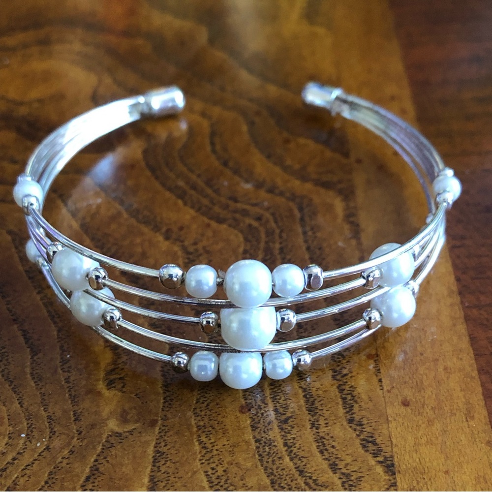 Silver plated multi strand wired faux Pearl cuff bracelet